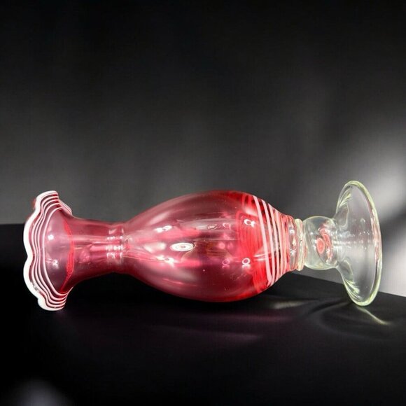 Art Glass Vase Cranberry With White Lines Footed Clear Bottom Glass Ruffled Top - Picture 2 of 12